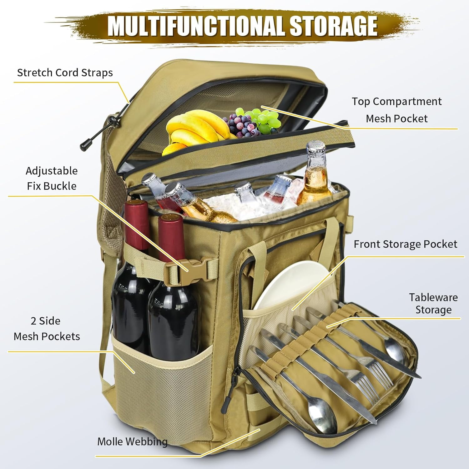 IC ICLOVER Tactical Backpack Cooler 40 Cans Double Deck Waterproof Leakproof Insulated Lunch Box Bag, Sand