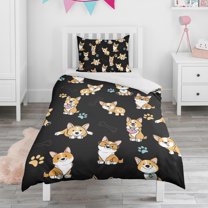 Cute Cartoon Corgi Duvet Cover and Pillowcase Set for Single Bedding, Bedroom Accessories for Kids Teens