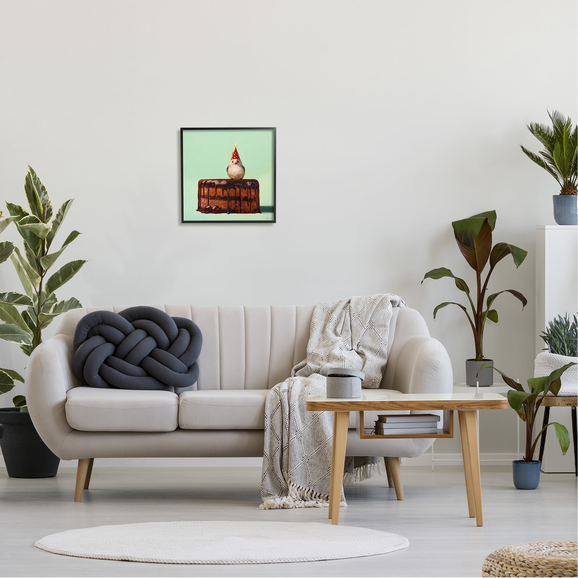 Stupell Industries Party Hat Bird Chocolate Cake Animals & Insects Painting Black Framed Art Print Wall Art