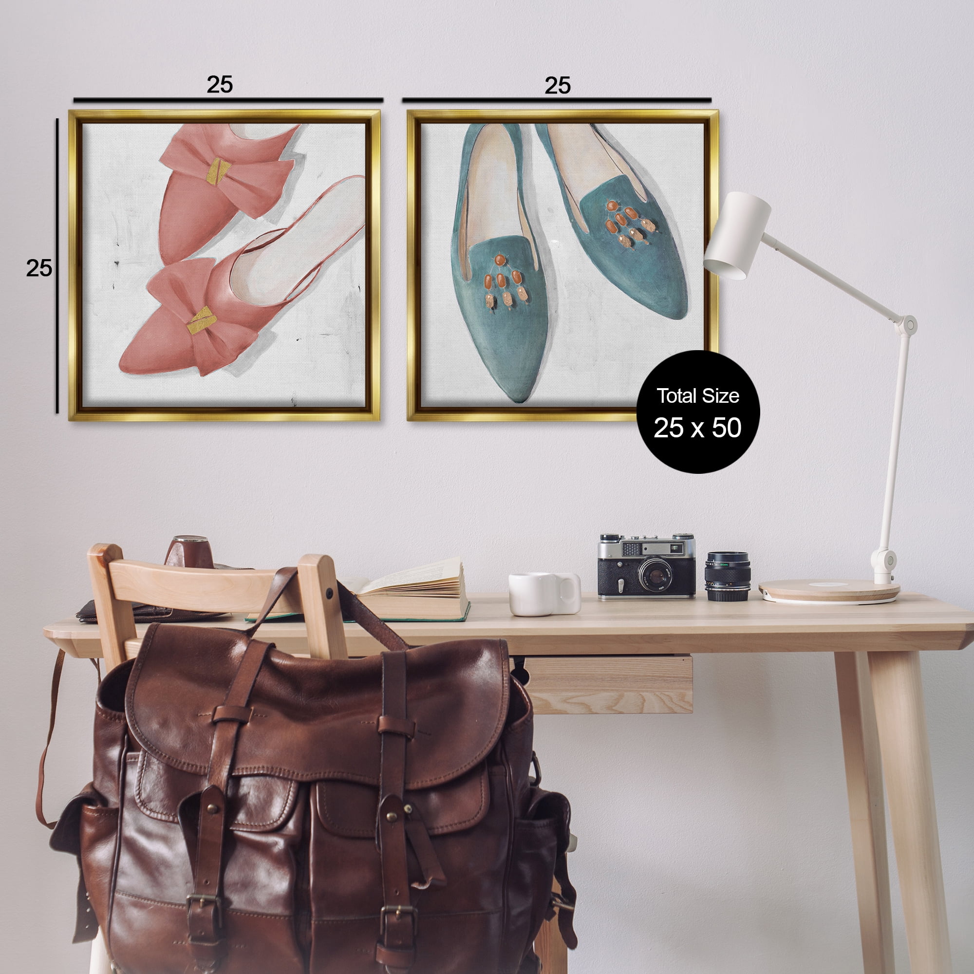 Stupell Industries Pink & Blue Fashion Flats Fashion Painting Gold Floater Framed Canvas Art Print Wall Art, 25 x 25, Set of 2