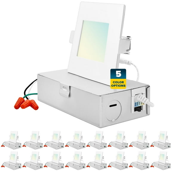 Sunperian 16-Pack 3 inch Square Ultra-Thin LED Recessed Light J-Box 5 Color Options 8W 540 Lumens Dimmable Wet Rated