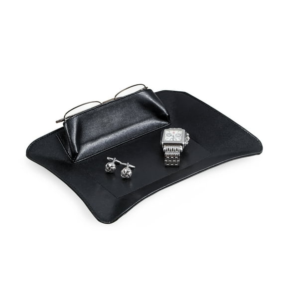 Black Leather Valet with Side Compartment for Phone or Glasses.