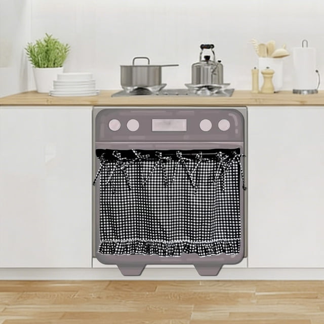 Handmade Linen Oven Skirt with Ribbon Ties, Premium Kitchen Curtain No Drill Invisible Mounting, Decorative Cabinet Cover for Sink Dishwasher Laundry Room Ruffled Design
