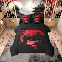 Manfei Japanese Samurai 7-Piece Twin Bedding Sets,Scenery Silhouette Bedding Comforter Set,Sunset Sheet Sets For Girl Boys Kids,Microfiber Bedroom Decor Reversible