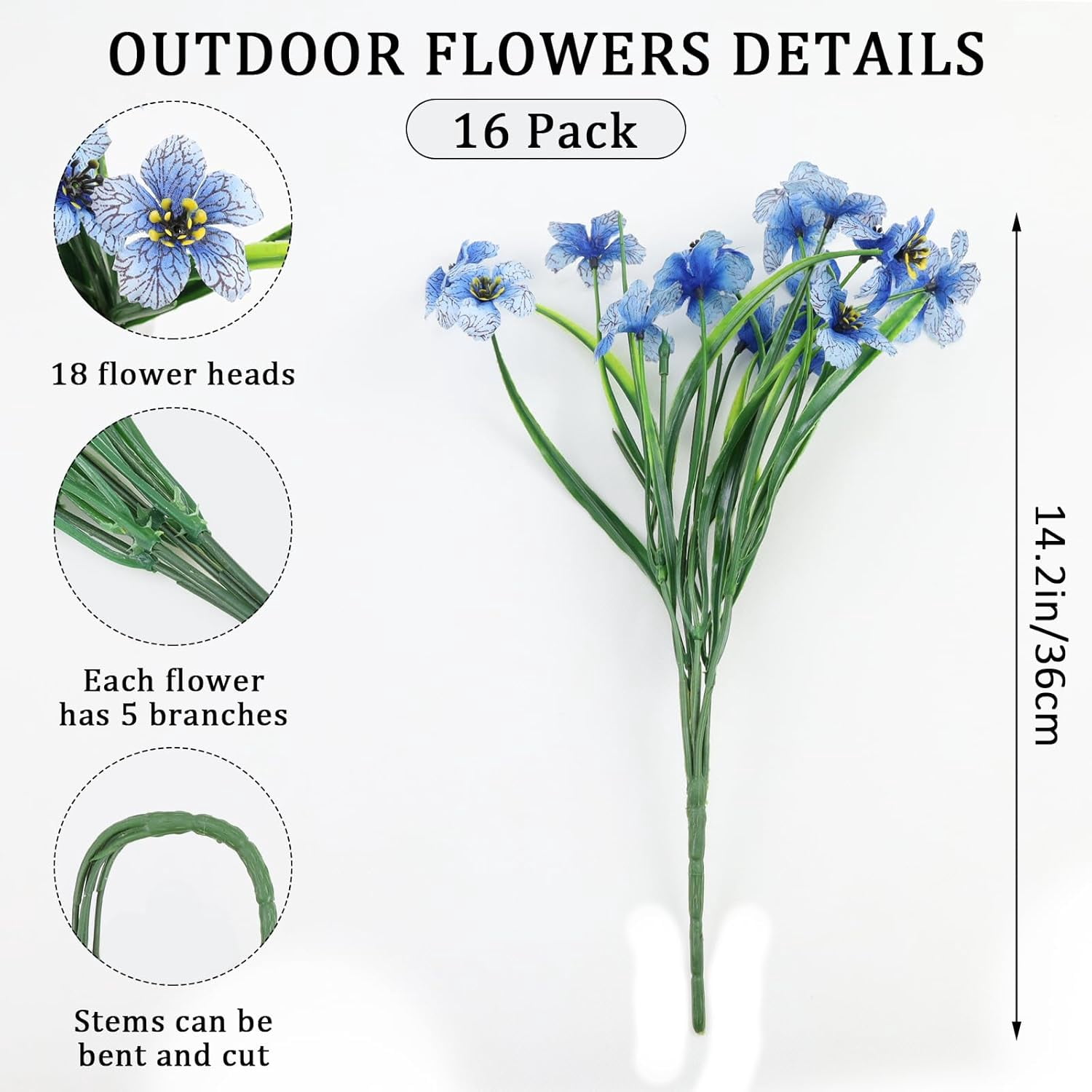 16 Bundles Blue Spring Artificial Flowers for Outdoors Fake Spring Flowers Faux Flowers for Planters Garden Window Box