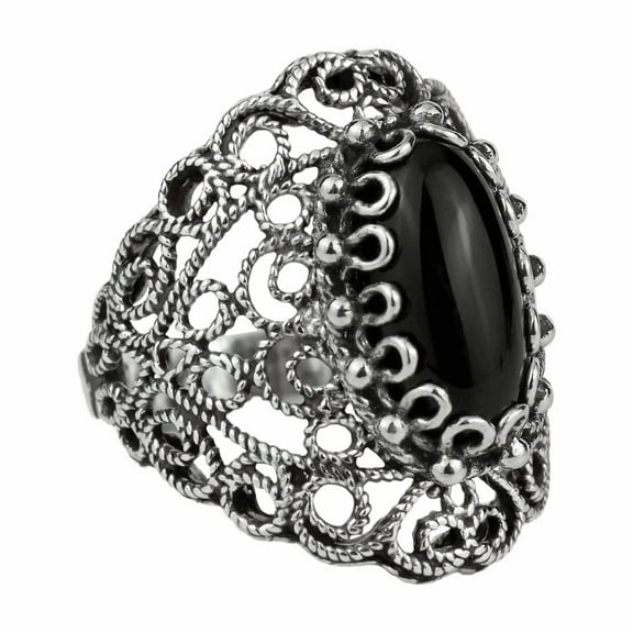 Filigree Art Black Onyx Gemstone Lace Detailed Women Silver Statement Ring
