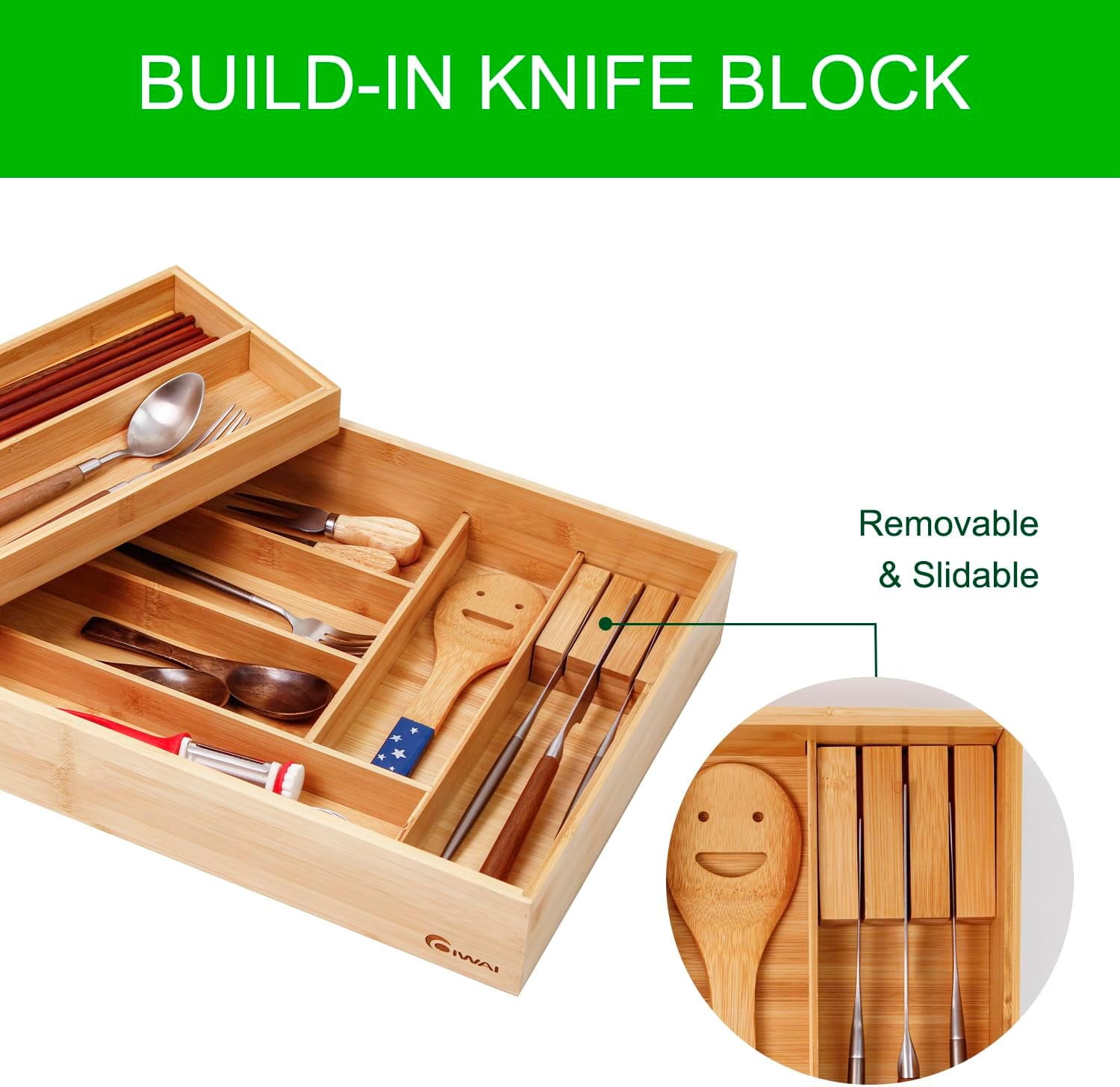 Double Layer  Kitchen Drawer Organizer with Slidable Utensil Tray & Knife Holder