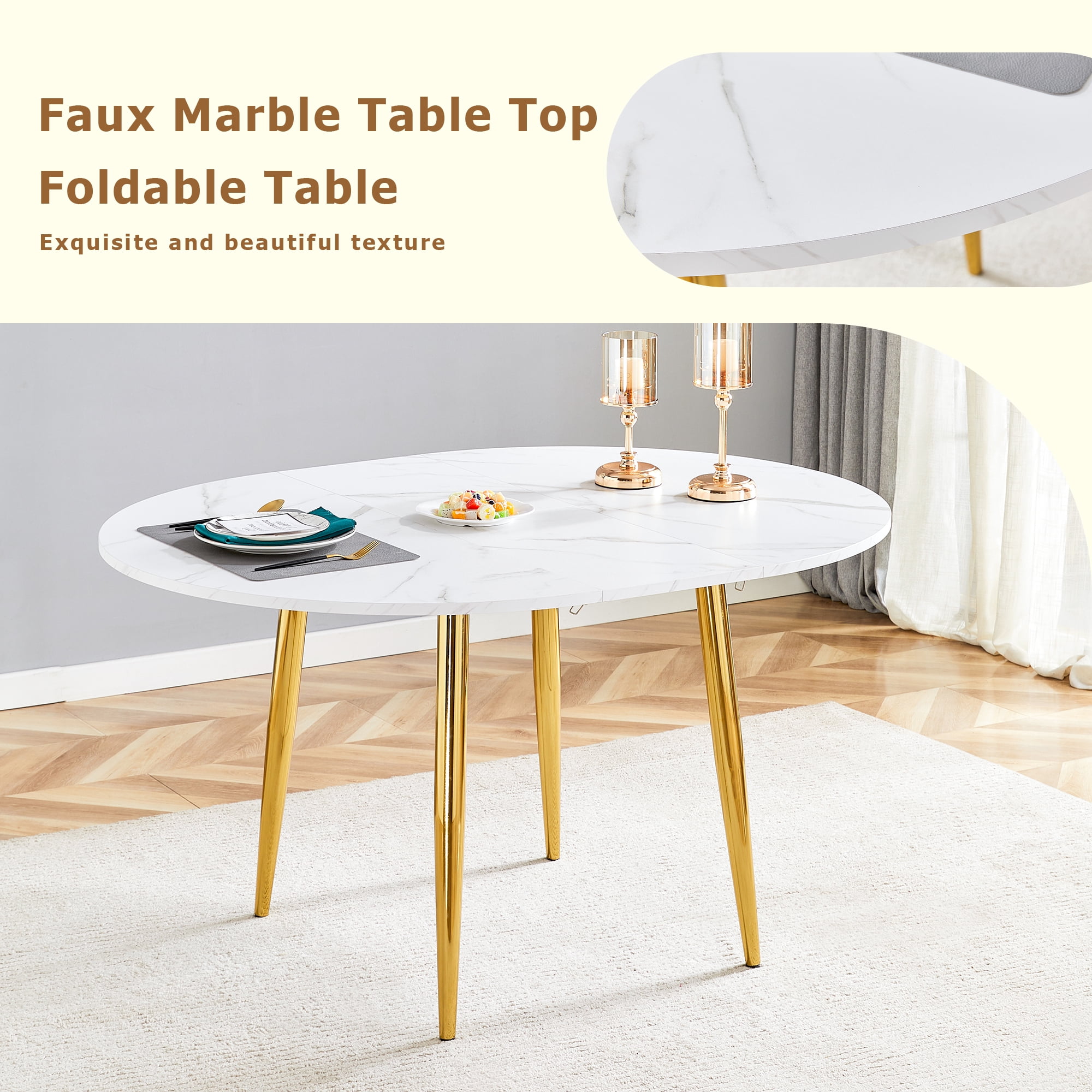 Mintazer Extendable Round to Oval Dining Table with White Marble Vein MDF Top & Gold Metal Legs, Modern Kitchen Table for 4-6 People, White