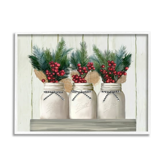 Stupell Industries White Country Jars with Christmas Berry Bouquets, 16 x 20,Design by Ziwei Li