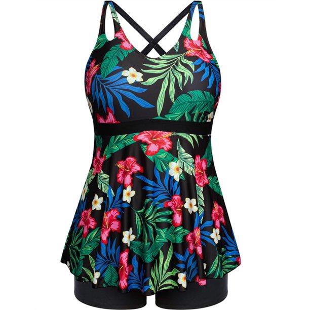 Traje de baño Tankini Hanna Nikole para mujer con flores rojas, talla L