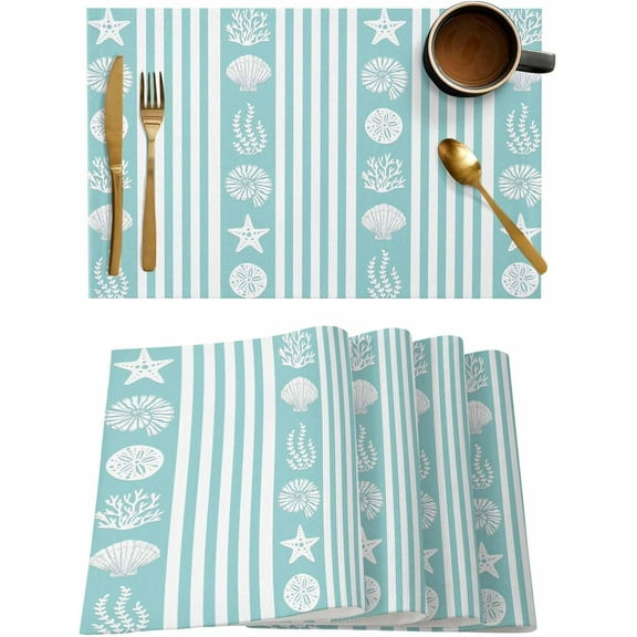 Ocean Placemats Set of 6 Shell Coral Starfish Stripes Navy Turquoise Place Mat for Dining Table Washable Burlap Cotton Table Mats