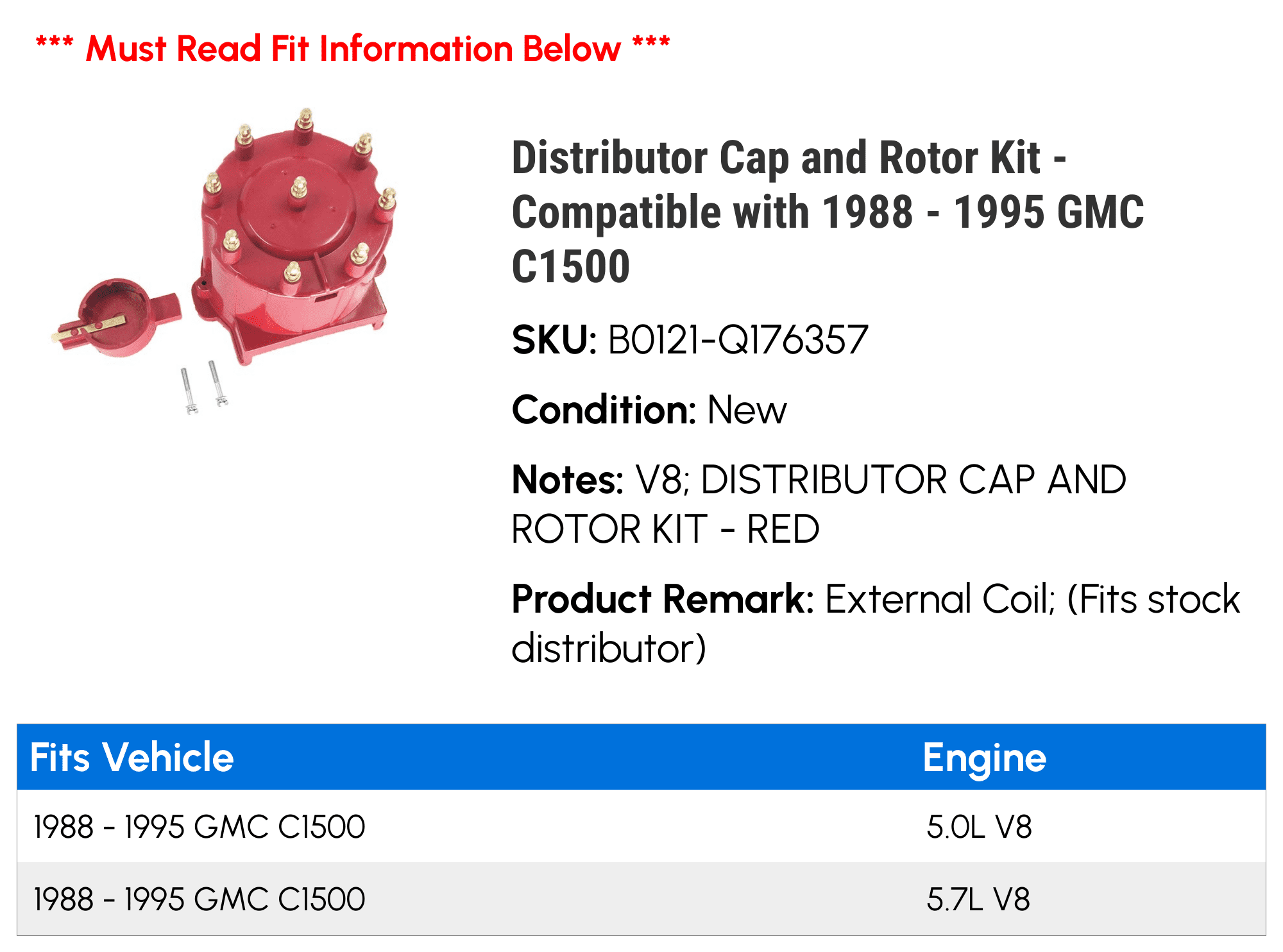 Distributor Cap and Rotor Kit - Compatible with 1988 - 1995 GMC C1500 1989 1990 1991 1992 1993 1994