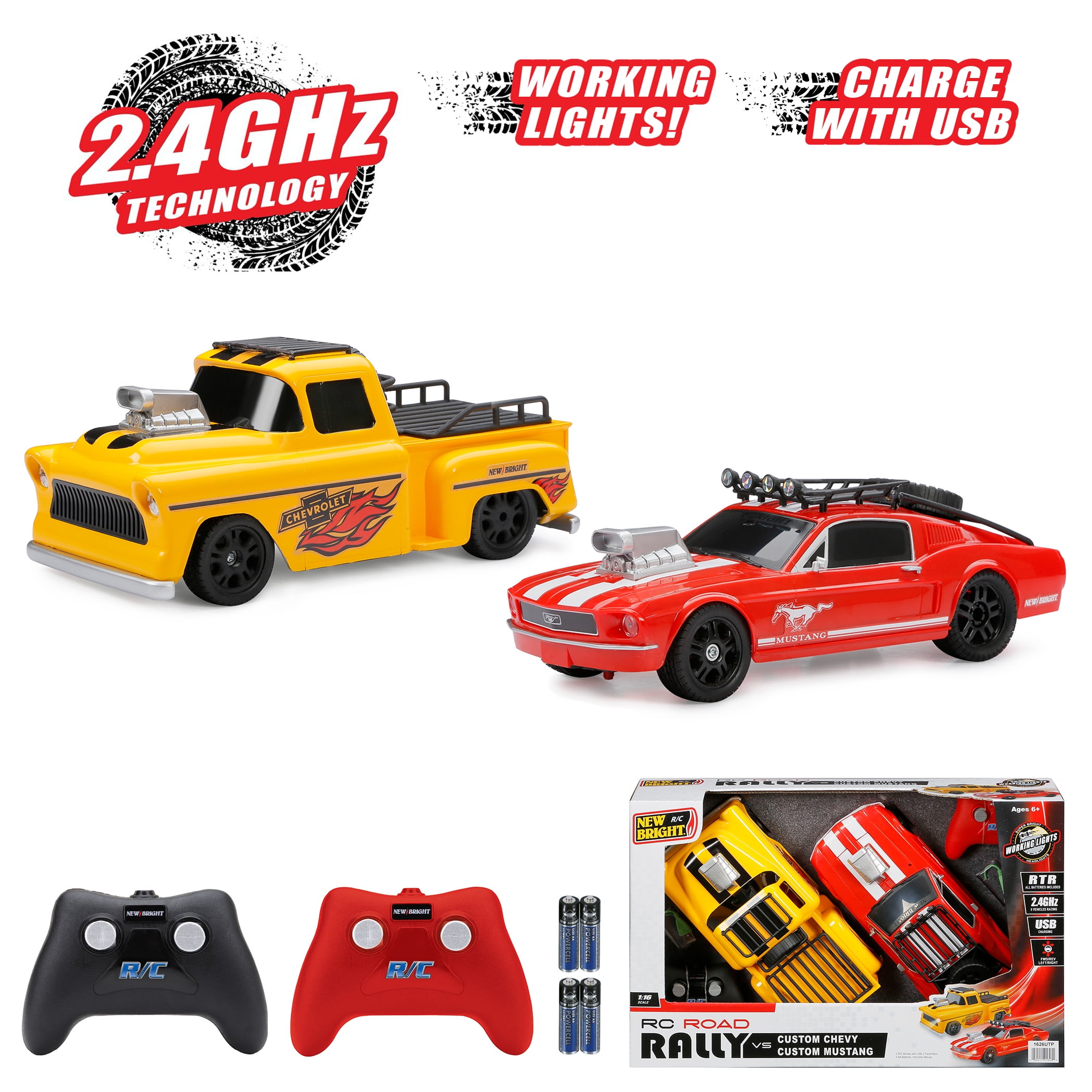 New Bright (1:16) Remote Control Road Rally Battery Truck/Car Chevy Vs Mustang Race Set 1626UTP Child