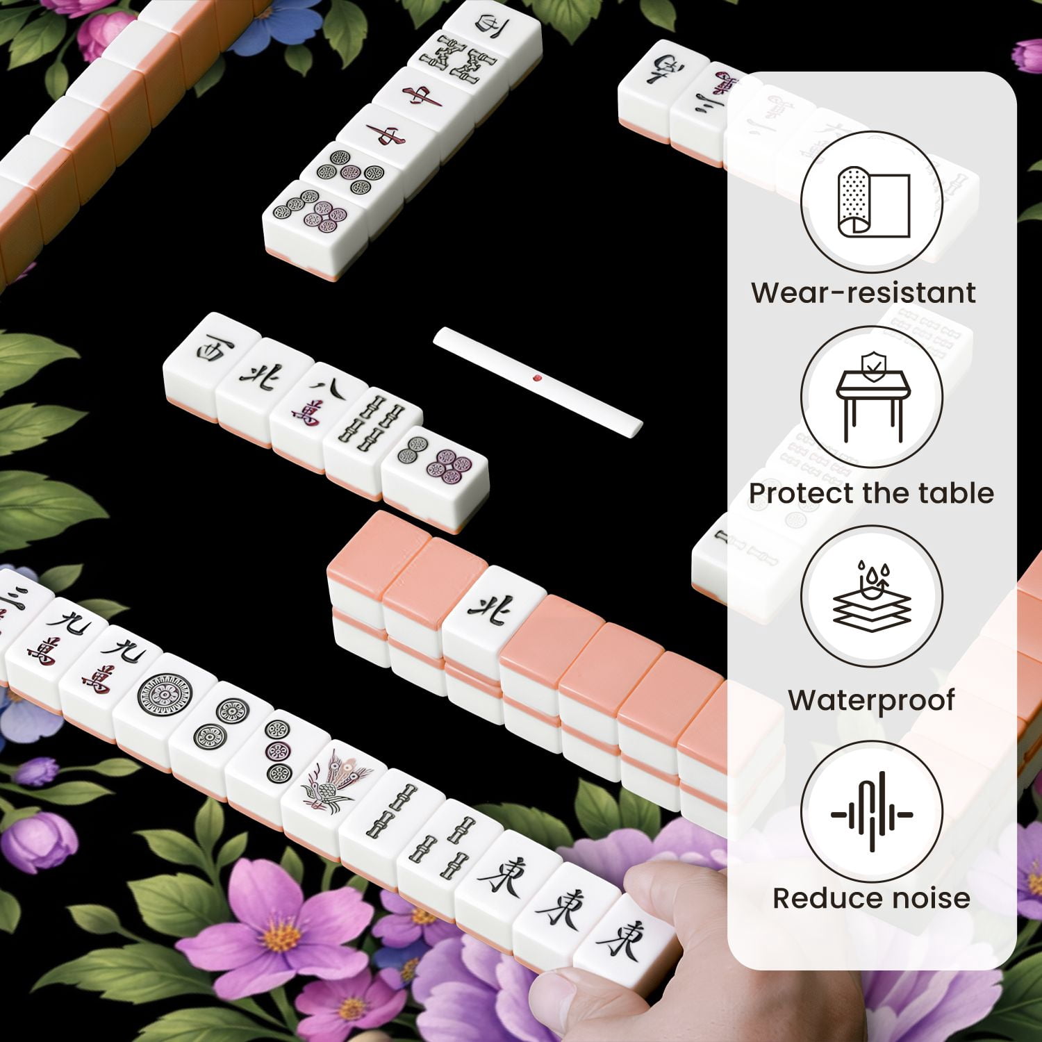 Mahjong Mat 31.5" x 31.5" Floral Corner Frame Pink Purple Peonies Blue Purple Flowers Green Non-Slip Noise Reduction Mahjong Tiles Table Cover for Dominoes Poker Card Board and Tile Games