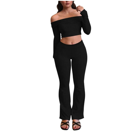 Gytharion Lounge Sets for Women 2 Piece Outfits Long Sleeve Off The Shoulder Tops and Elastic Waist Long Pants Sets Fashion Slim Fit Tracksuit Sets for Prom Party