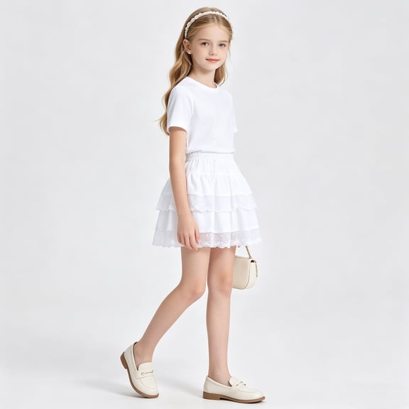 Girls Tiered Skirt Lace Trim Tutu Skirt Polka Dot Mesh Layered Party Skirt for Kids, White, Sizes 4-5Y