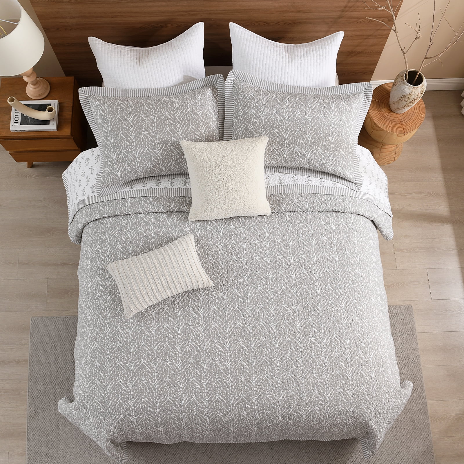 PANGUSHAN 100% Cotton King Quilt Set, Farmhouse King Size Quilt Bedding Set Bedspreads, Reversible Botanical Patterns Quilted Lightweight Comforter, Gray/White Bed Spread for King Bed