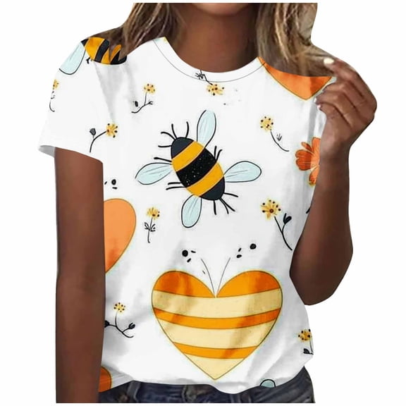 Yyuenw Summer Tops for Women, Casual Multicolor Cute Bee Graphic T-Shirt Shirts Simplicity Fashion Round Neck Short Sleeve Vacation Top