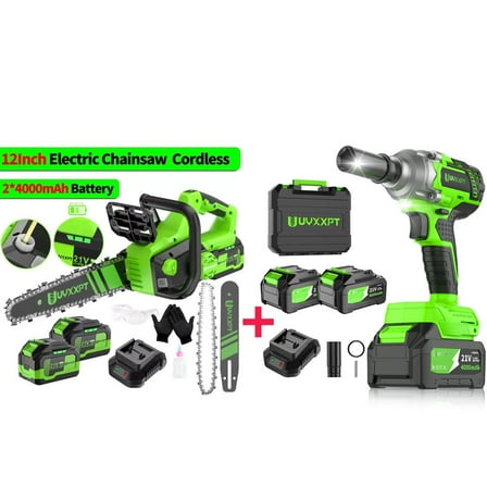 TASHHAR 12 Inch Cordless Electric Chainsaw 2 Battery with 3/4'' Electric Impact Wrench Cordless Brushless Gun 1600N.m