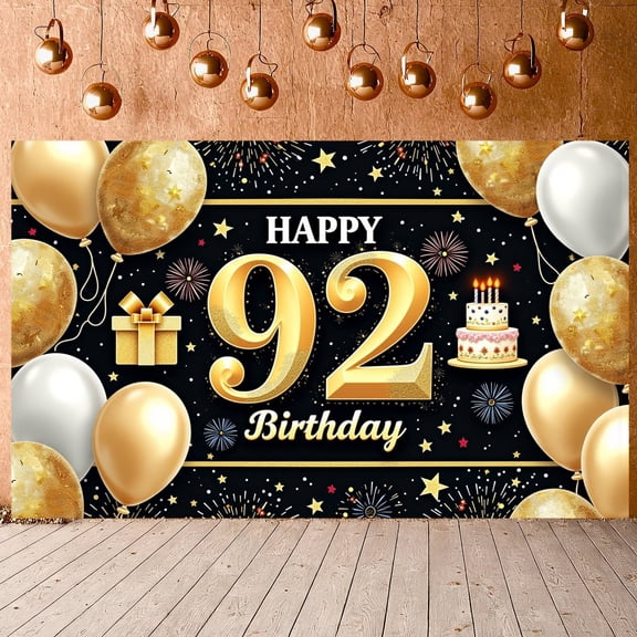 Gold Happy 92 Birthday Banner Shiny 92nd Birthday Display Balloons Fireworks Birthday Party Backdrop for 92nd Birthday Party Birthday Celebration Family Gathering