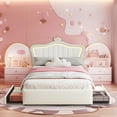 thumbnail image 2 of Full Size Led Bed with Drawers, Upholstered Full Bed Frame with Adjustable Headboard, Cute White Princess Bed with Crown Design for Girls, LED Full Frame with Storage, 2 of 10