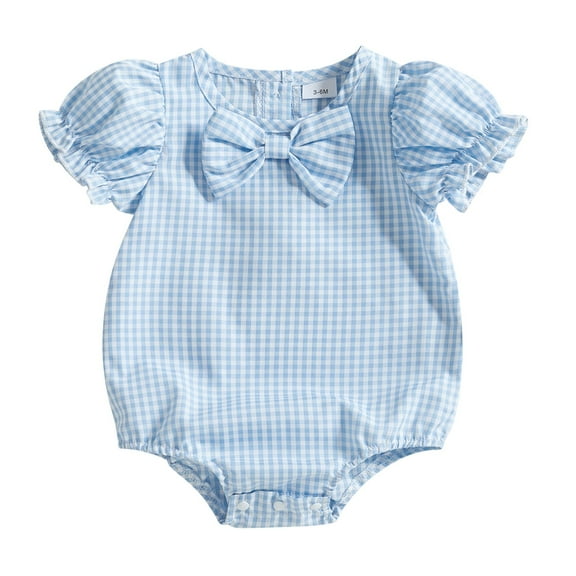 Coerni Baby Girls Bubble Romper with Bow Cute Ruffle Puff Short Sleeve Plaid Bodysuit New Born Baby Summer Clothes
