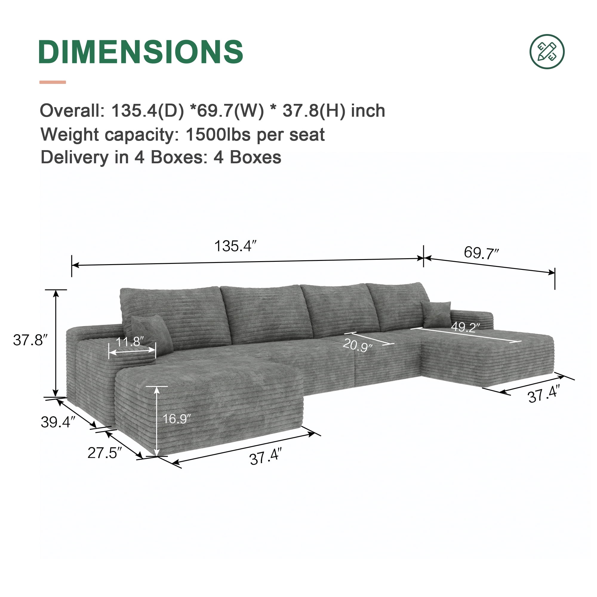 MAYEERTY 135" Cloud Sectional Sofa with 1 Ottoman, Modern Minimalist U-Shaped Deep Seat Couch, No Assembly Plush Corduroy Fabric, Gray (4 packages)