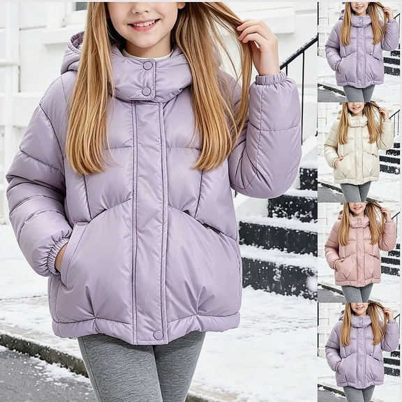 Teylalorva Girl's Outerwear Jackets Waterproof Hooded Puffer Coat Vertical Zip Thick Warm Loose Winter Outerwear(3-10) Purple Size 3T