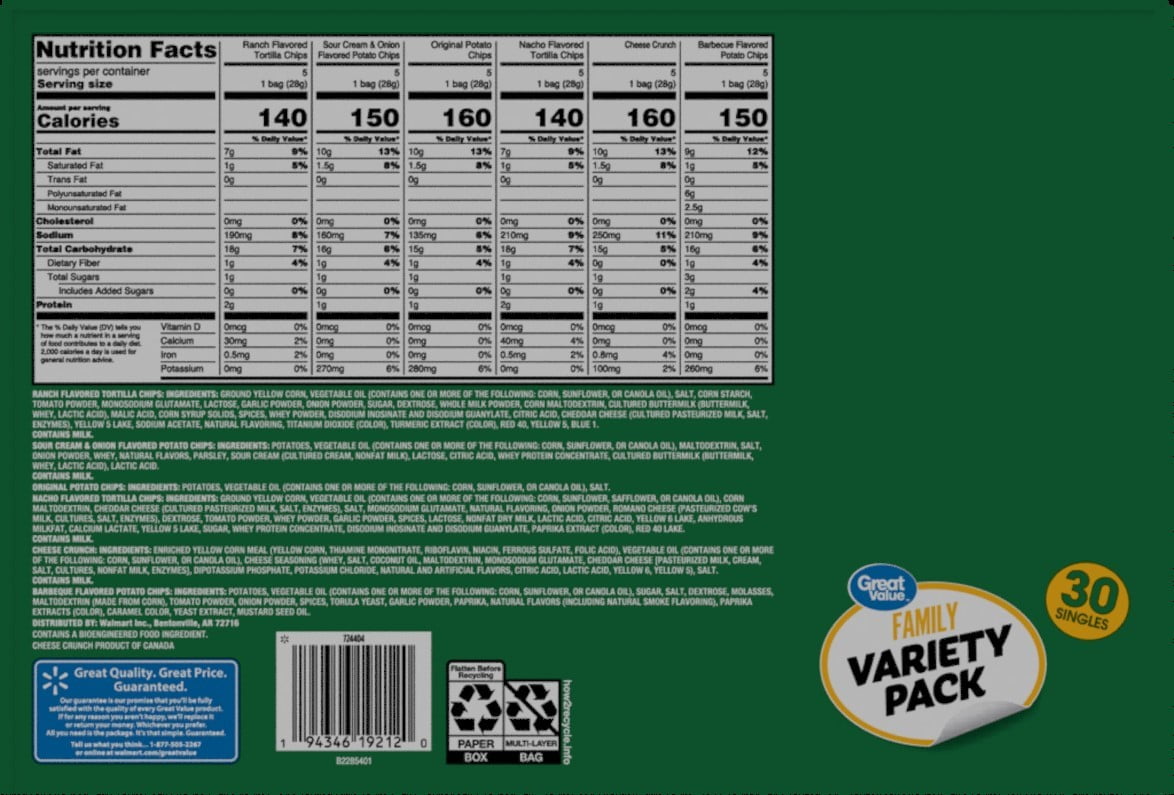 Great Value Family Variety Chips Pack, 30 Count, 1 oz