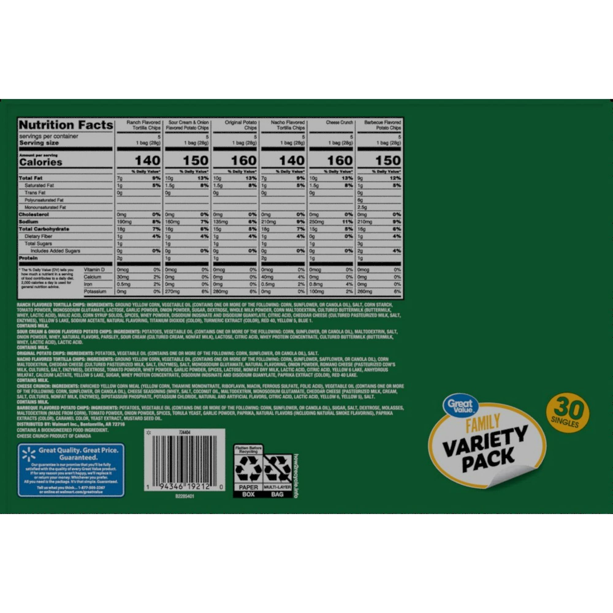 Great Value Family Variety Chips Pack, 30 Count, 1 oz