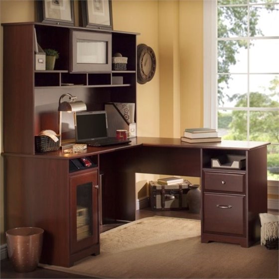 Bush Cabot 60" L Shape Computer Desk with Hutch in Harvest Cherry