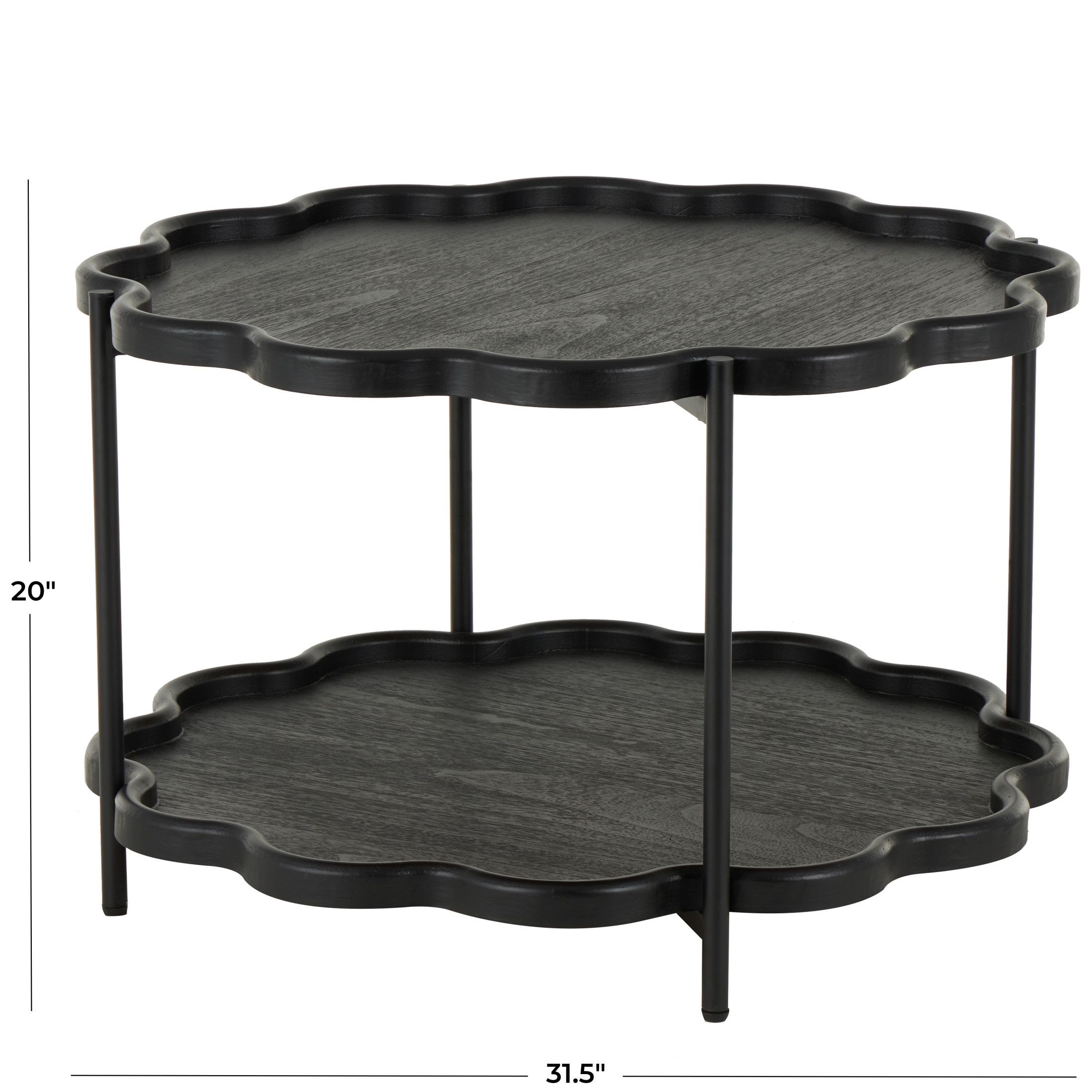 DecMode 32" x 20" Black Wood Floral Inspired 2 Level Coffee Table with Metal Legs, 1-Piece