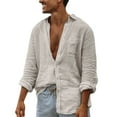 thumbnail image 2 of pstuiky camisetas de manga larga para hombre, Camisa de lino con botones y solapa de manga larga para hombre camisetas de hombre l, 2 of 6