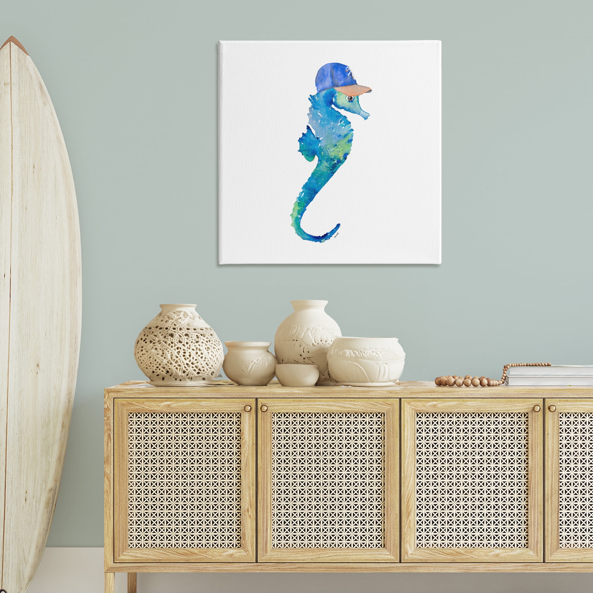 Stupell Industries Blue Seahorse in Hat Novelty Painting Gallery Wrapped Canvas Art Print Wall Art, 36 x 36