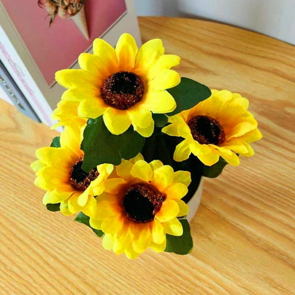 Travelwant Artificial Sunflower Potted Plants Silk Yellow Fake Flower, Artificial Sunflower with Plastic Pot
