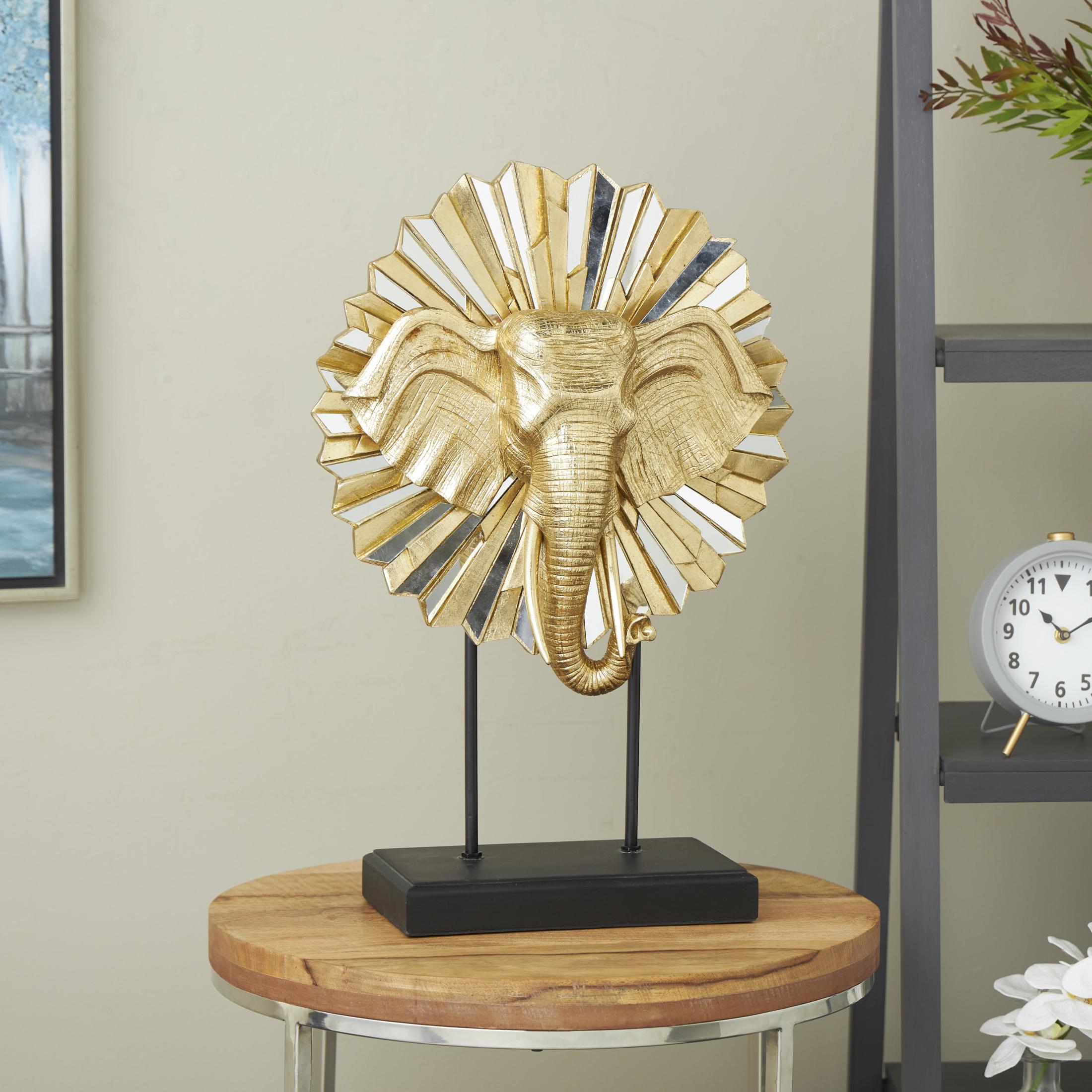 15" x 22" Gold Resin Elephant Sculpture with Mirrored Sunburst Accent and Black Stand, by DecMode