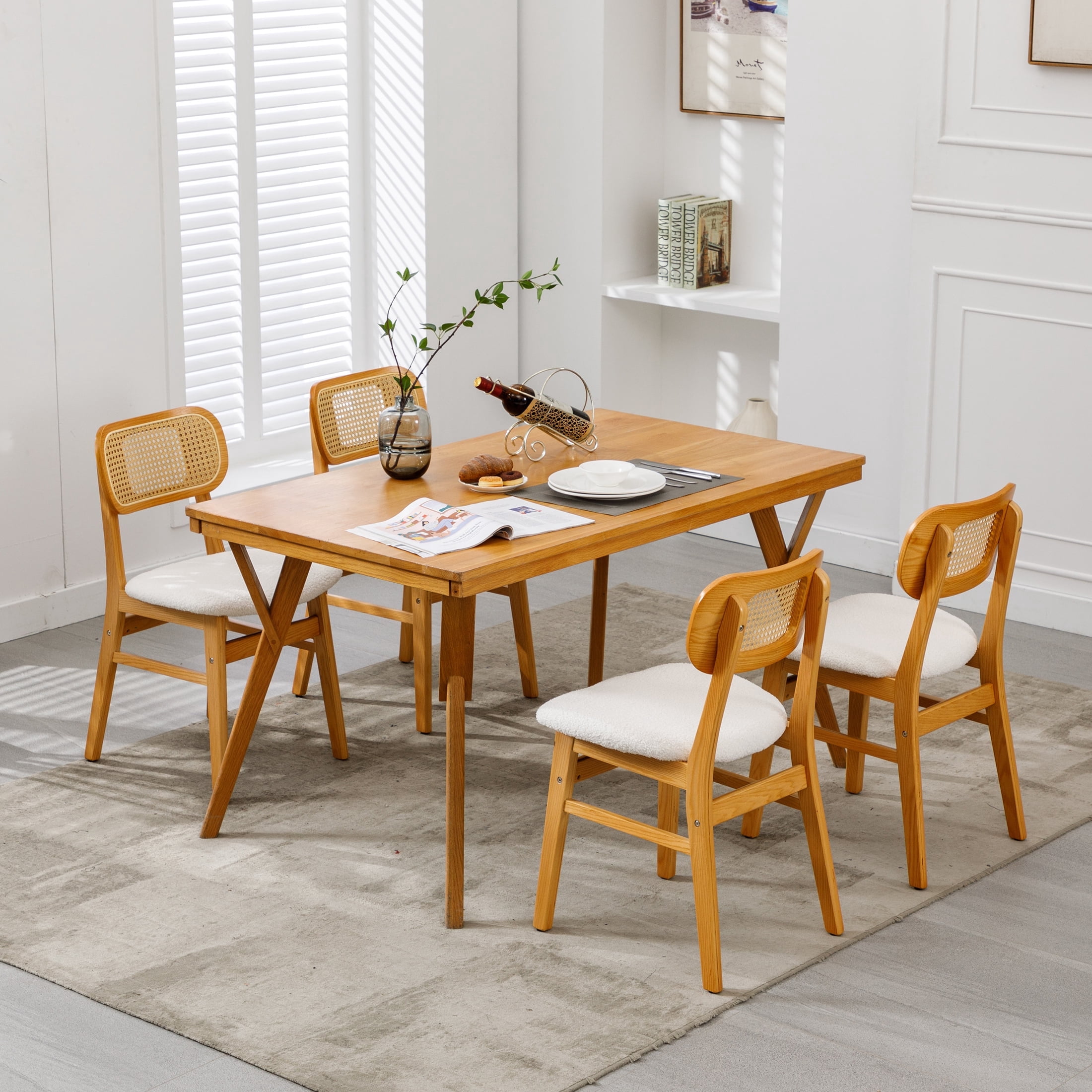 Guyou Rattan Dining Chairs Set of 4, Farmhouse Natural Wooden Dining Side Chairs, Mid Century Modern Sherpa Upholstered Kitchen Chairs with Cane Back for Dining Room Kitchen Living Room, Beige