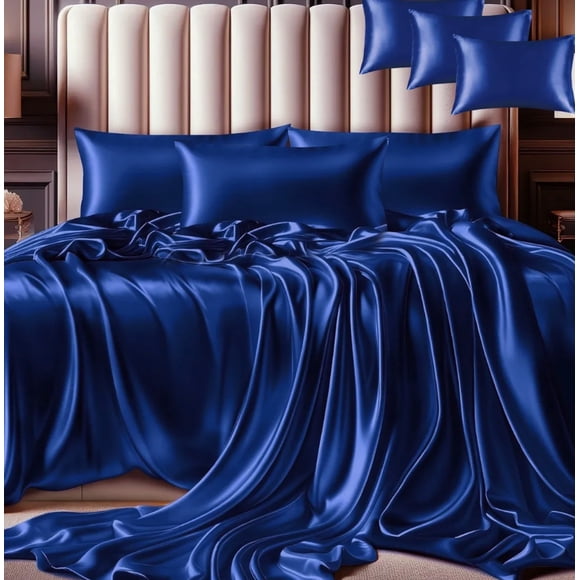 Juego De Sábanas Matrimonial De Satín Lujosas Modelo Azul