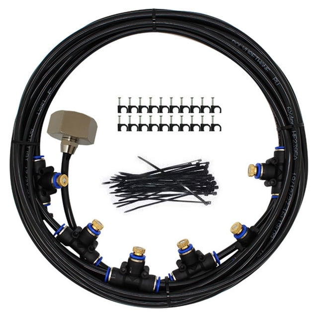 Sistema de riego y enfriamiento por nebulización de baja presión para jardines y terrazas, 6 metros con 6 boquillas, color negro, incluye cinta de teflón. Ideal para áreas exteriores, resistente a la