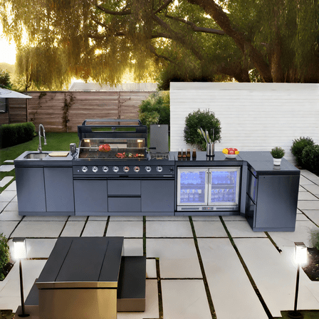 62-Inch 6-Burner 96000 BTU Deluxe Stainless Steel Gas Outdoor Kitchen Bar Barbecue Island Grill    Wine Cooler Compact Refrigerator   Rotisserie   Granite Countertops   Storage Cabinets(LTL carry)