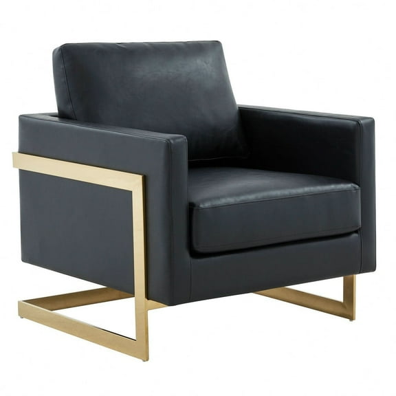 LeisureMod Lincoln Modern Mid-Century Upholstered Leather Accent Armchair with Gold Frame, Black