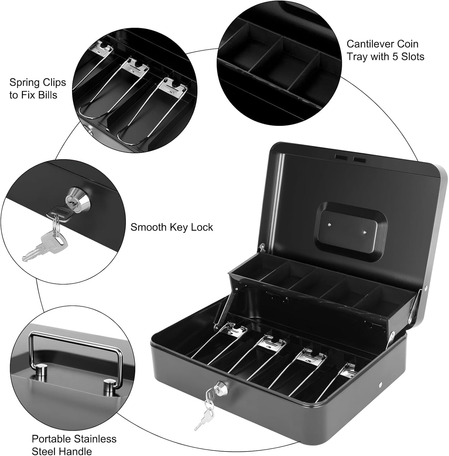 Cash Box Metal Money Box with 5 Coin Trays Cantilever Design & 4 Bill Slot with Spring Clips to Organize and 2 Keys Lock Box Suitable for Valuables 11.8x9.44x3.54in Size
