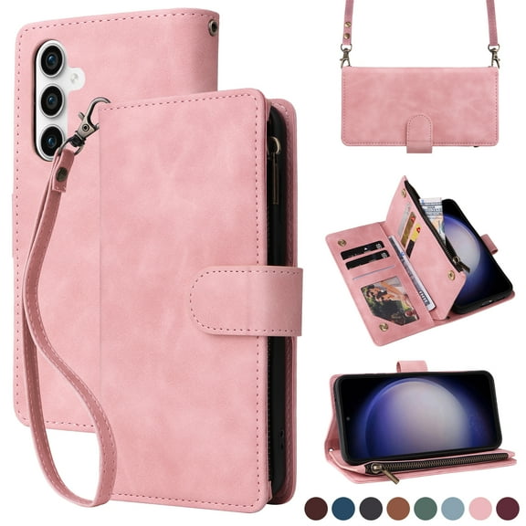 for Samsung Galaxy S23 FE Multifunctional Case Wallet with Card Slots, Premium Soft PU Leather Zipper Folio Flip with Crossbody Strap Kickstand Zipper Phone Cover for Samsung Galaxy S23 FE, Pink