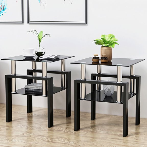 Of 2 Tempered Glass Coffee Tables, Modern Square Patio Table For Outdoor, 17.72"l X 17.72"w 20.5"h, 150lbs Capacity, Easy To Assemble And Revitalize Black Console Entryway, Freshen