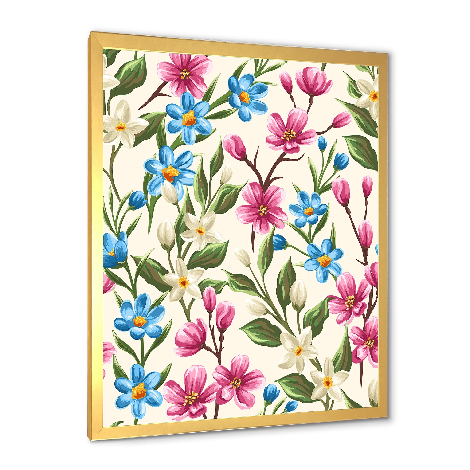 Designart 'Vintage Blue and Pink Wildflowers' Traditional Framed Art Print