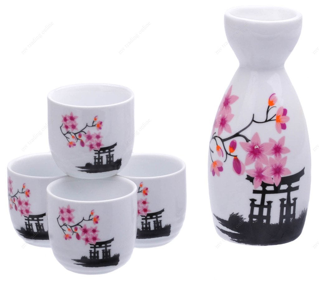 M.V. Trading MSST30V Ceramic Sake Set with Cherry Blossom, White with Small  Sakura Flower, 6 Ounces Bottle / 2 Ounces Cups