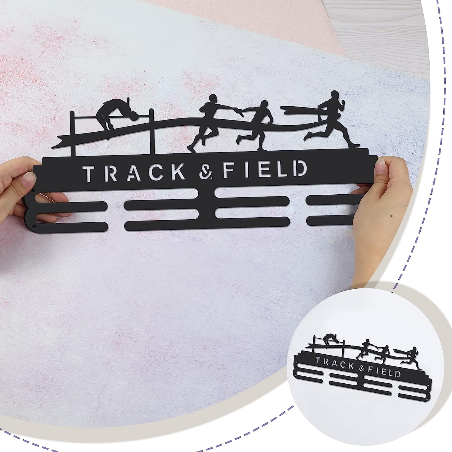Fashion Iron Medal Hanger Holder Display Wall Rack with Screws 2 Line Word Track & Field Sports Themed Pattern 150x400mm