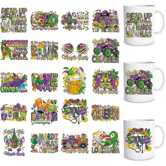 WarmHaven UV DTF Cup Wrap - 20 Sheets Mardi Gras UV DTF Cup Wraps for 16 OZ, Carnival UVDTF Decals, Waterproof Rub on Transfer Stickers for Water Bottle Mug Tumbler, DIY Crafts