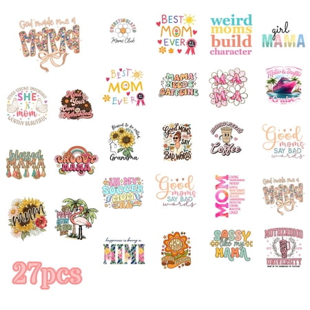 27 Sheets Mother's Day Iron On Transfers, DTF Transfer Ready to Press for T-Shirts, Motherhood Mom Life Love Fun , DIY Gift for MAMA, Waterproof Heat Transfer Vinyl for Apparel