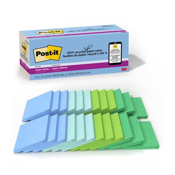 Post-it® Recycled Super Sticky Notes, 3 in. x 3 in., Oasis Collection, 24 Pads/Pack